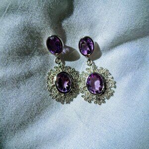 New Double Genuine Amethyst Gemstones 925 Sterling Silver Dangle Earrings